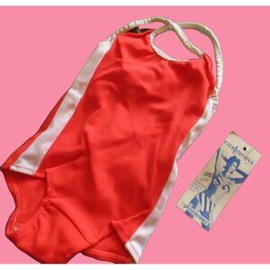 Vintage 1980's GIRLS 3 SwimSuit RED/WHITE 1 Piece swim suit CASTAWAYS NOS